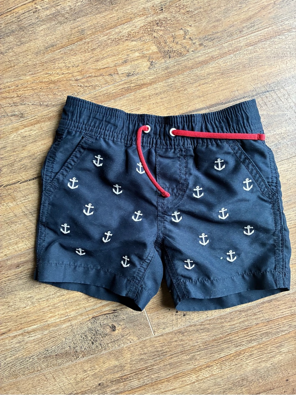 GAP Navy Swim Trunks with White Anchor Print and Red Drawstring